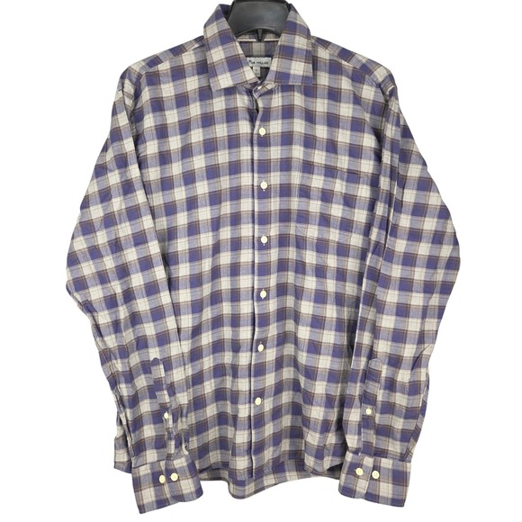 Peter Millar Mens Large Blue Tan Gray Plaid Button Up Shirt Long Sleeve Casual - Picture 2 of 9